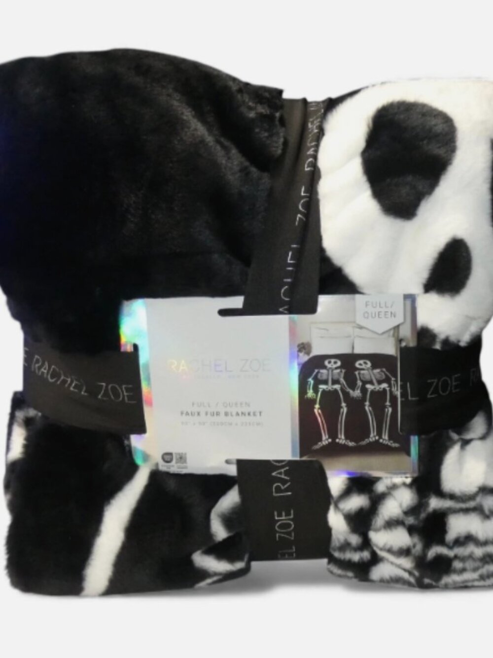Rachel Zoe Queen Faux Fur Skeleton Halloween Blanket Black White NWT